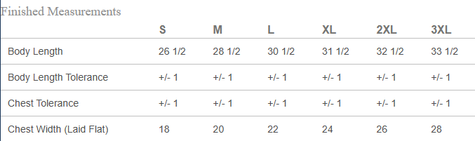Measurement chart for clothing sizes S to 3XL with body length, chest width, and tolerance details.