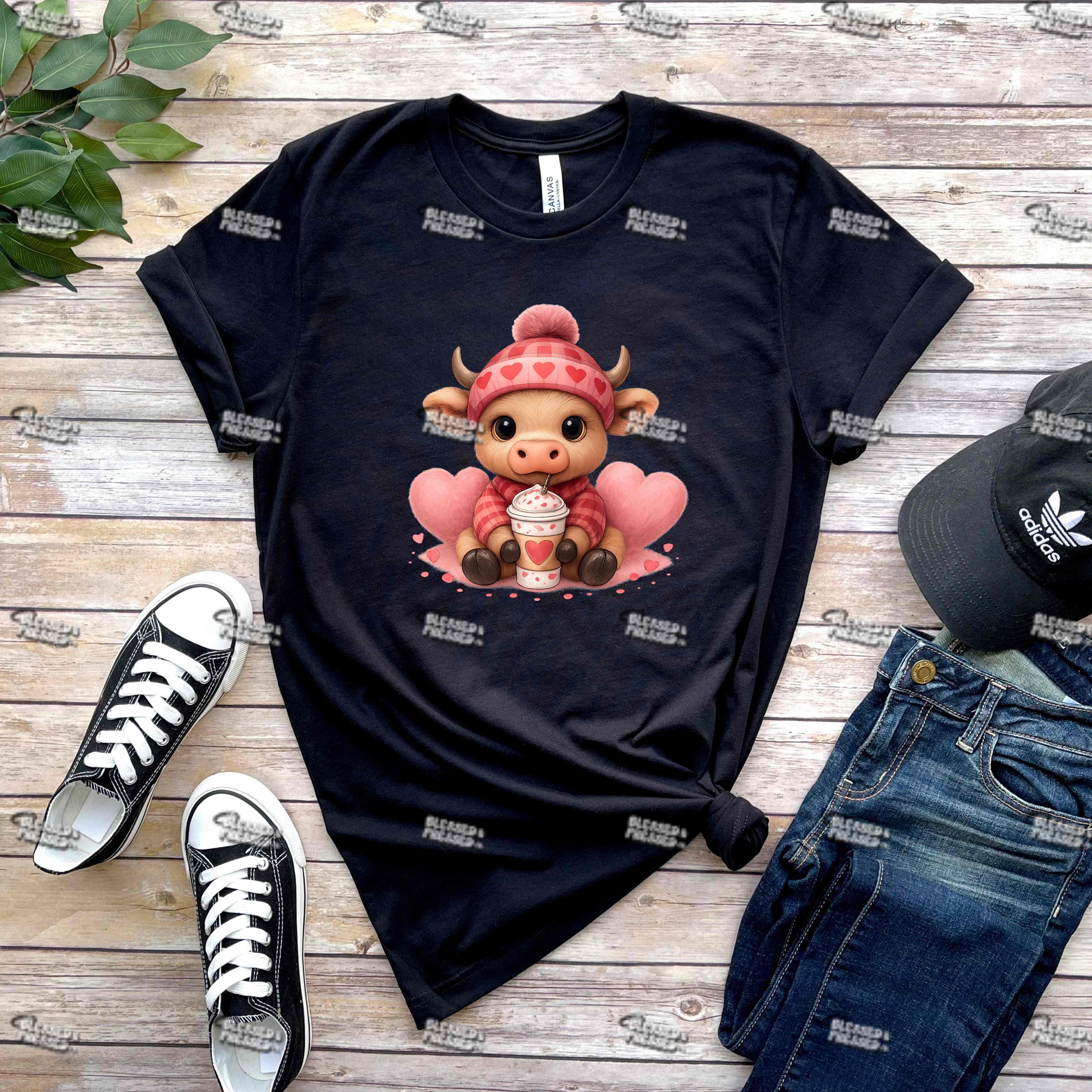 Black t-shirt with cartoon character, black sneakers, blue jeans, and a cap on a wooden surface.